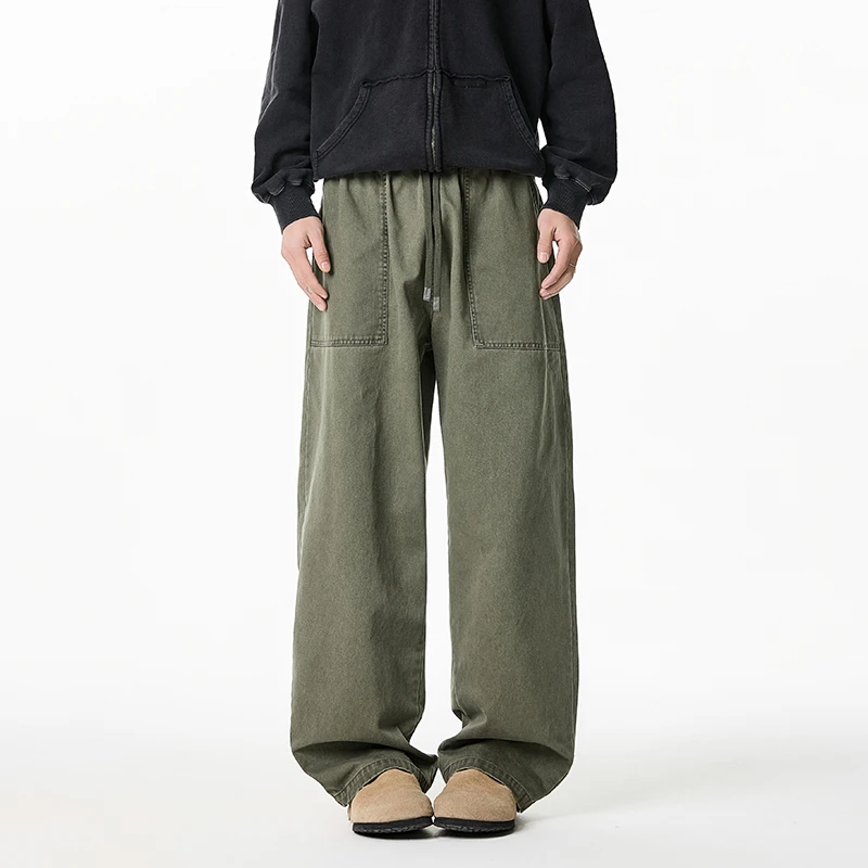 日系复古宽松直筒百搭水洗纯色潮流美式做旧纯棉牛仔裤休闲裤