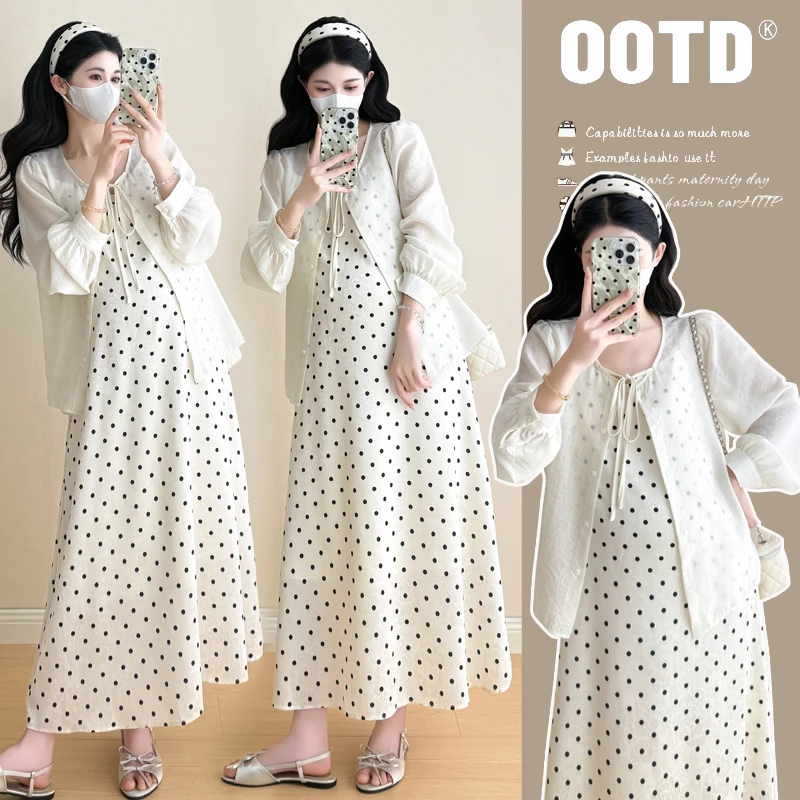 法式减龄孕妇装连衣裙夏季新款防晒衬衫波点暗纹花朵吊带裙气质