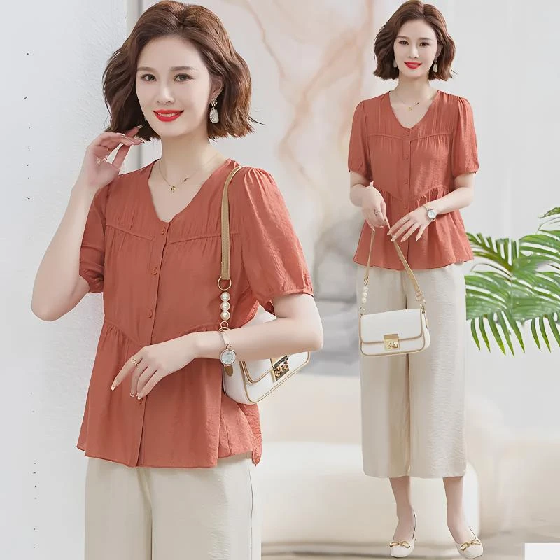中年妈妈夏装减龄套装时尚洋气阔太太夏季短袖宽松薄款气质上衣女