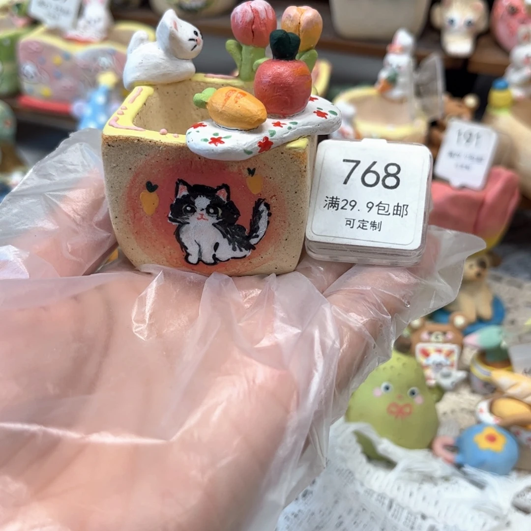 768猫咪花盆手绘花盆