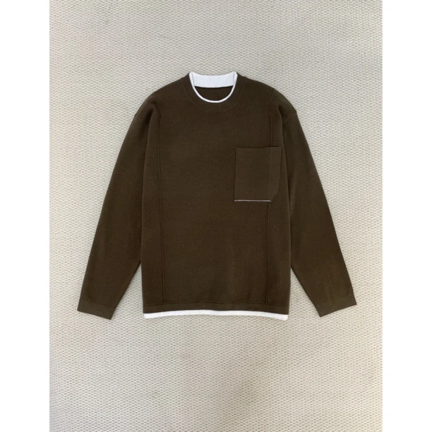 秋冬新款港风针织假两件微宽松简约百搭男士圆领长袖上衣