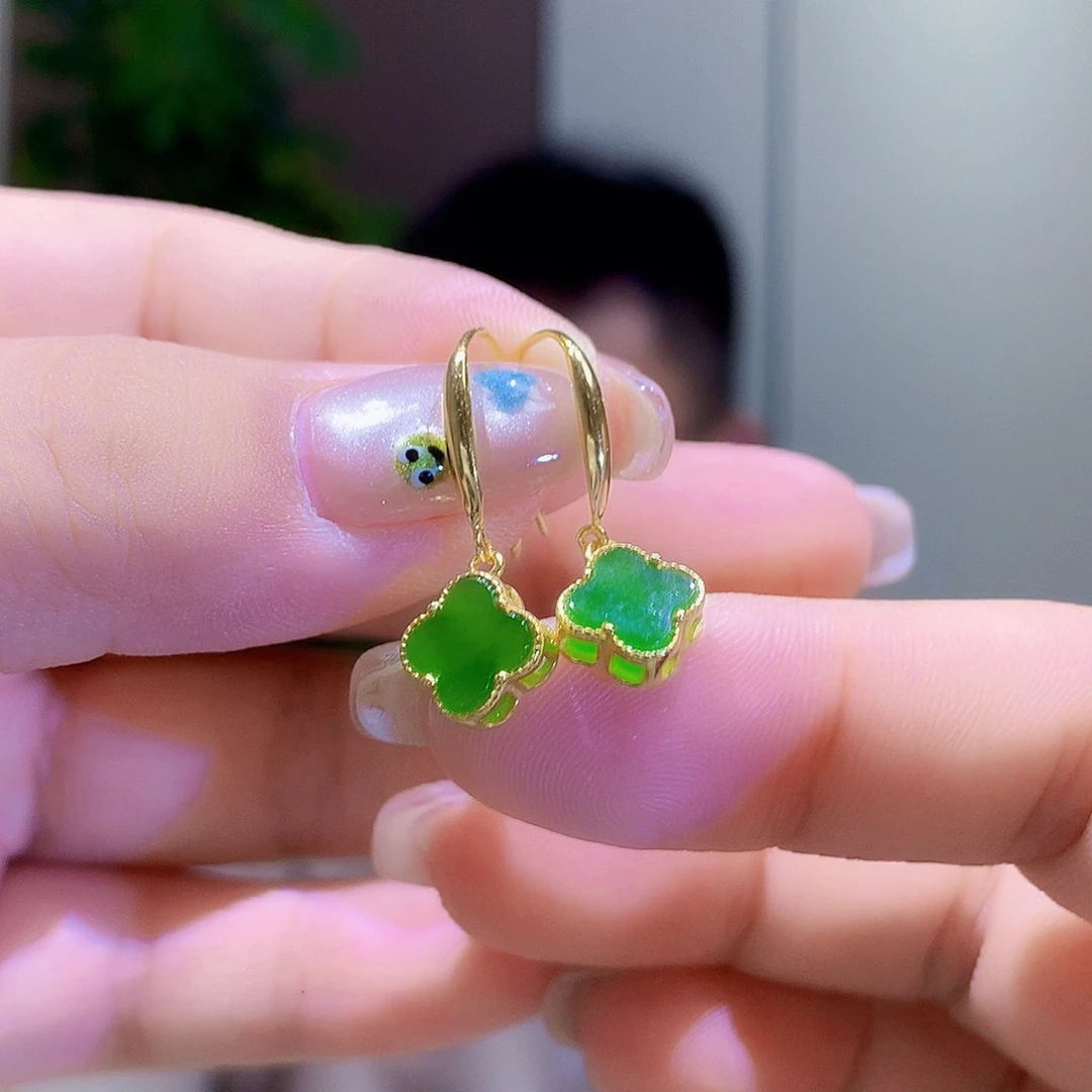 和田玉（碧玉）银S925镀金镶嵌耳饰