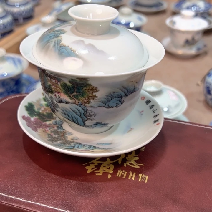 瓷片白富春山居图成香盖碗