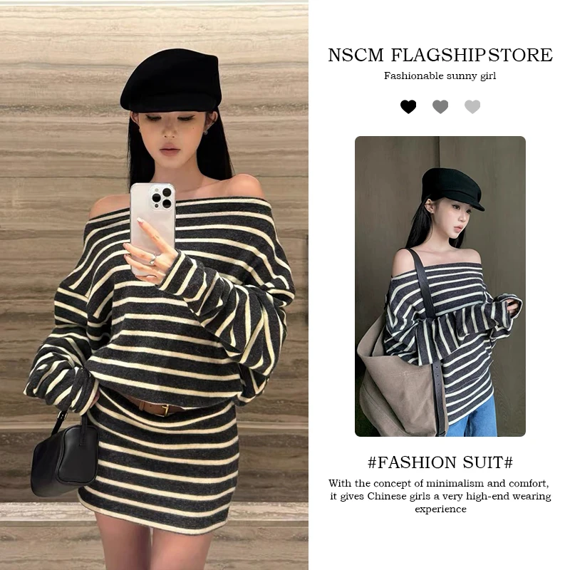 NSCM小众炸街高级感女装斜肩长袖条纹连衣裙秋季新款韩系气质短裙