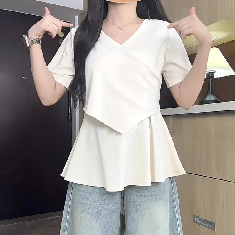 大码胖mm纯色V领交叉短袖t恤女夏季新款显瘦遮肉荷叶边下摆上衣服