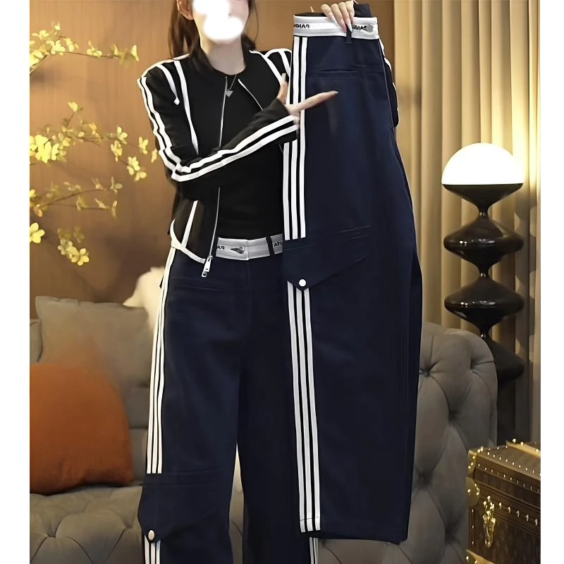 2025年春秋季新款拼接条纹显瘦时尚休闲直筒直筒裤女装长裤设计感