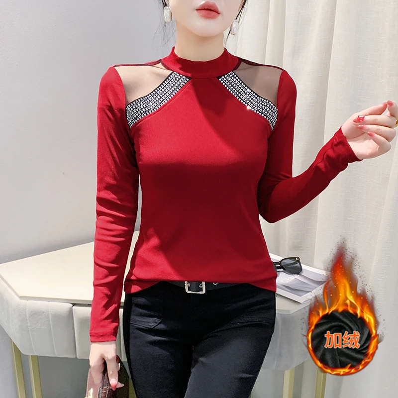 YH#【常规/加绒】打底衫女秋冬内搭镂空镶钻T恤洋气上衣DY11349