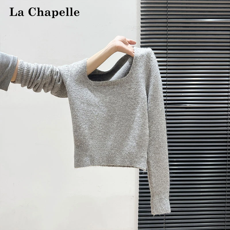拉夏贝尔灰色复古方领长袖柔软针织衫女秋季气质修身毛衣内搭上衣