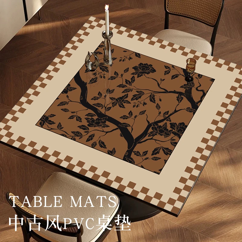 家用正方形桌布轻奢中古风印花桌垫免洗防水美式复古餐桌垫高级感
