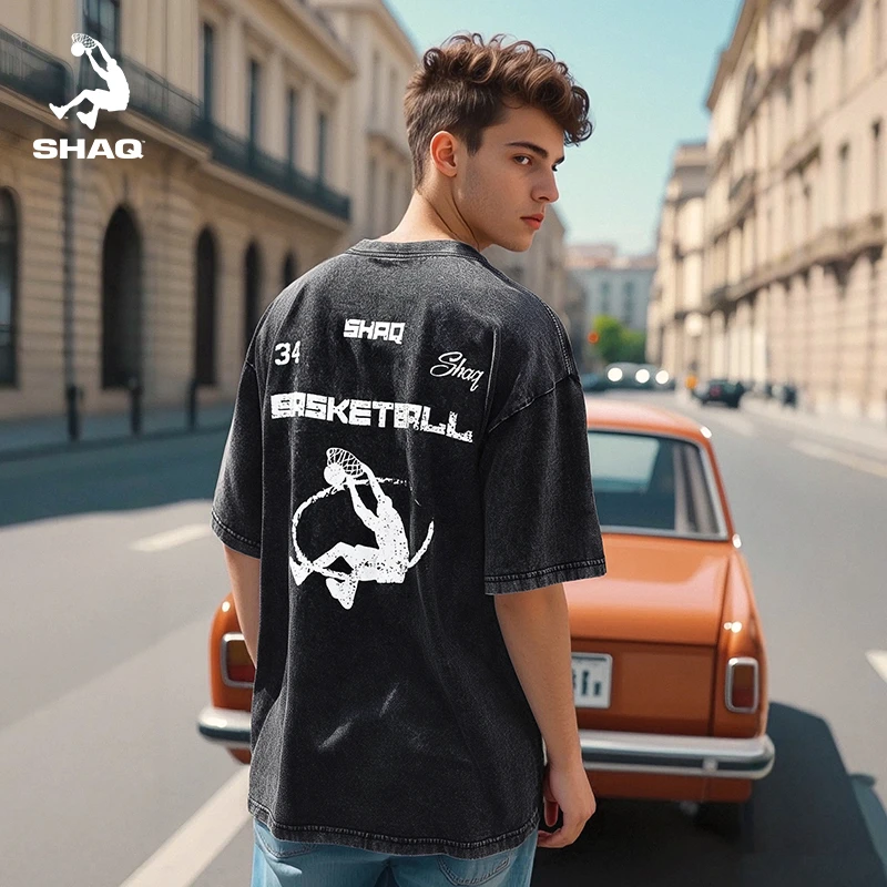 SHAQ奥尼尔美式复古T恤2025夏季新款宽松水洗做旧短袖男运动大码