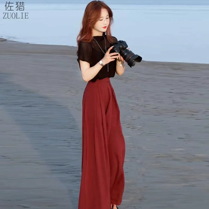 轻奢女神范时尚套装女夏季新款洋气显瘦雪纺短袖高腰阔腿裤减龄两