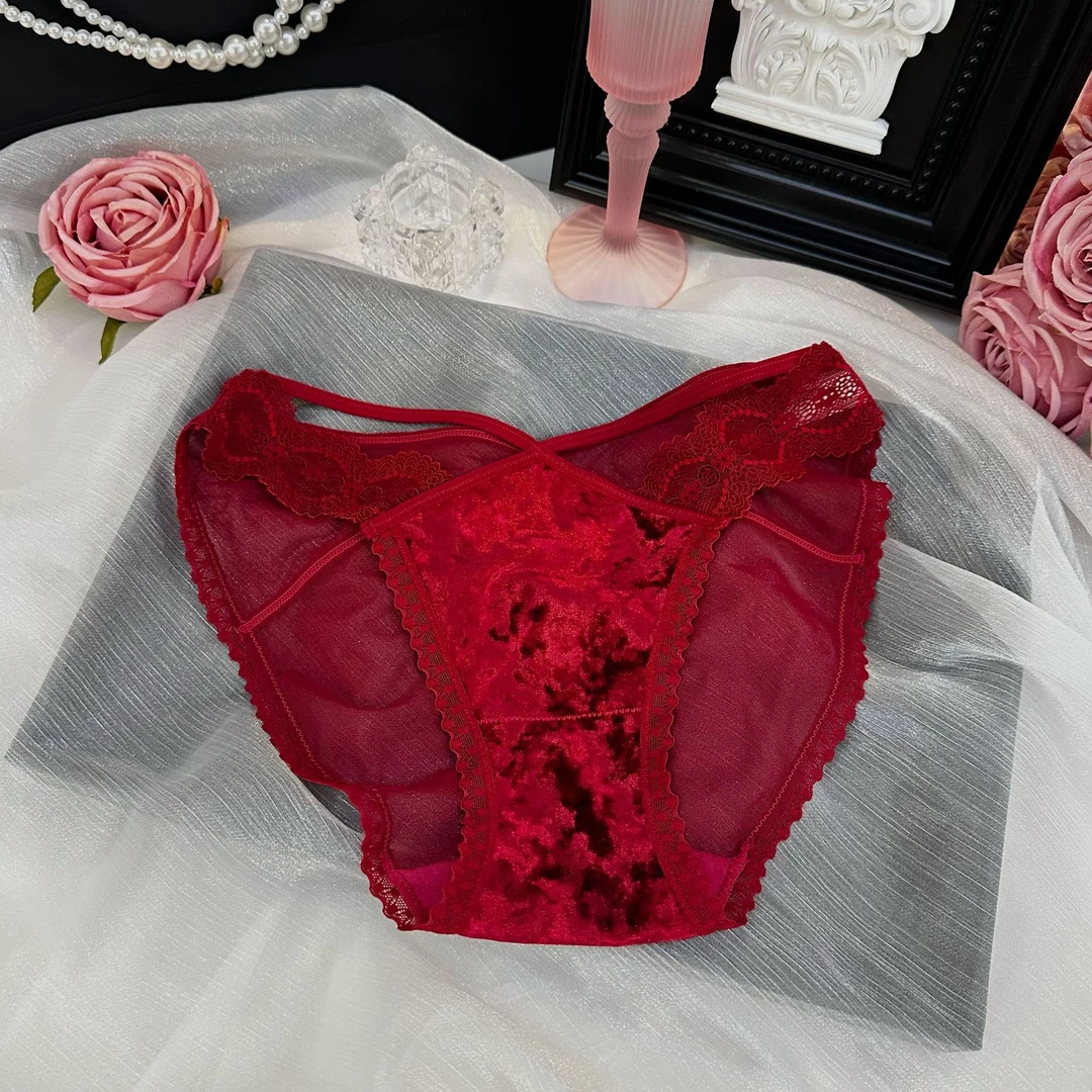 布拉安妮～时尚丝绒贵气美腰蕾丝美背内裤女法式纯欲诱惑内裤女