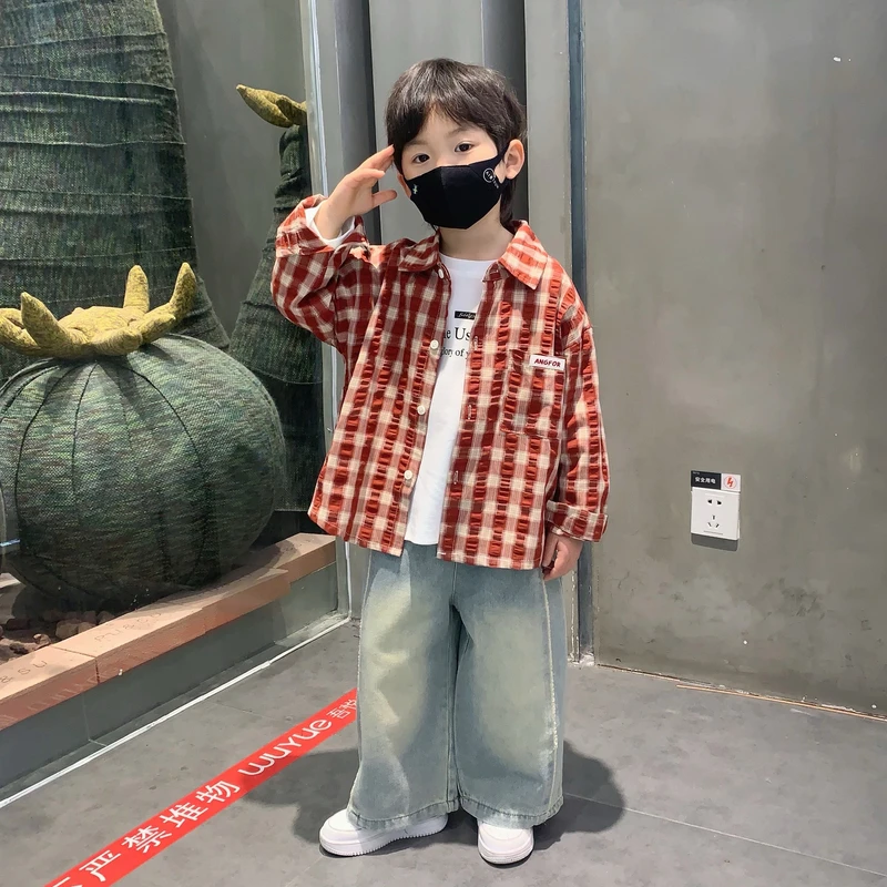 男童秋装套装春秋款2025新款儿童百搭格子衬衫牛仔裤休闲三件套潮