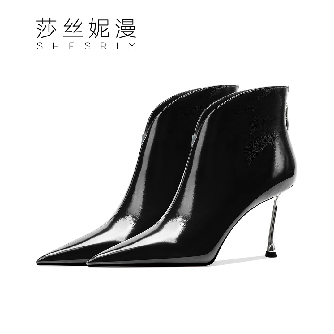 【冰岛美学】新秋冬真皮短靴上新黑色女尖头细高跟时装靴小短靴绒里