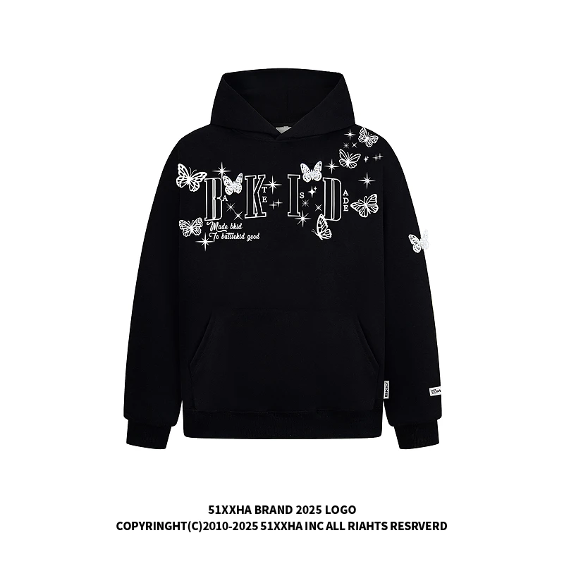 51嘻哈美式潮牌字母蝴蝶刺绣连帽卫衣男秋季休闲慵懒宽松帽衫卫衣