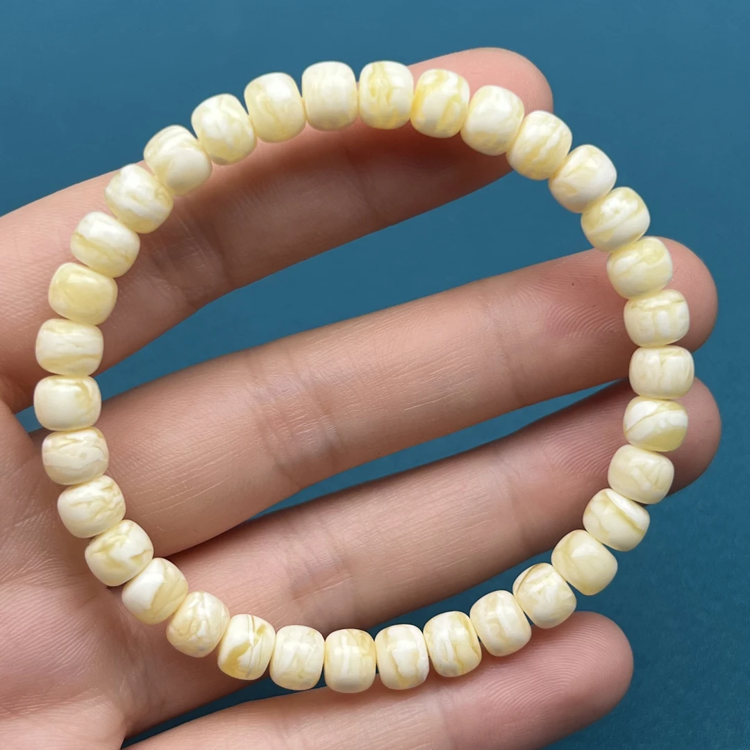 R2445天然原矿蜜蜡 瓷白花手串 6.7*5.4mm抖音基地质检发货