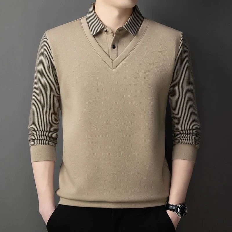 秋季正品高档男士假两件polo衫休闲百搭T恤衬衫领男装衬衫领上衣