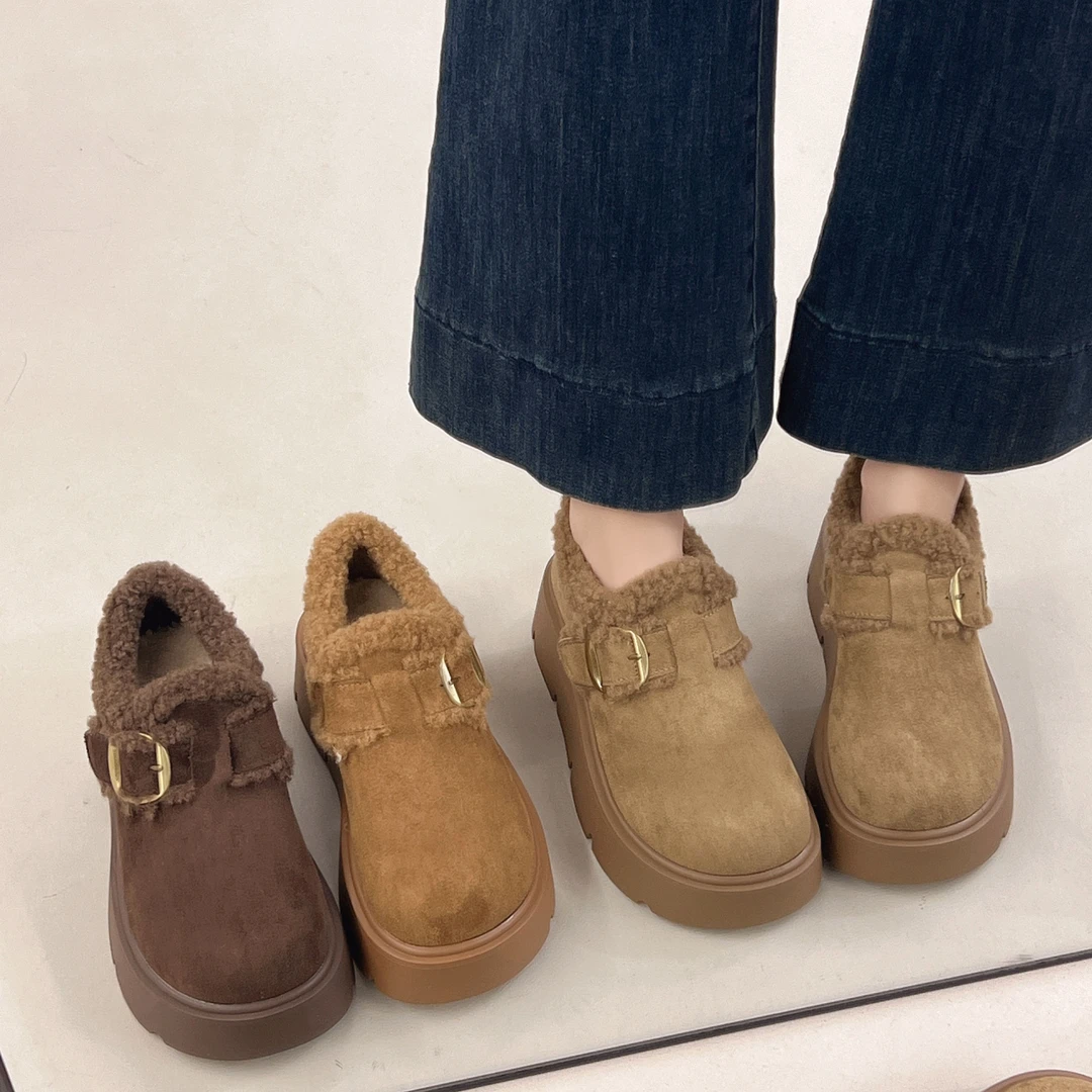 牛皮女鞋勃肯鞋女冬季加绒保暖厚底毛毛鞋加厚厚底棉鞋增高厚底鞋
