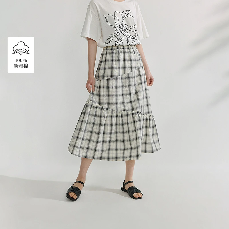 【双12提前购】茵曼夏季黑白格盐缩肌理半身裙不规则松紧腰a字裙子