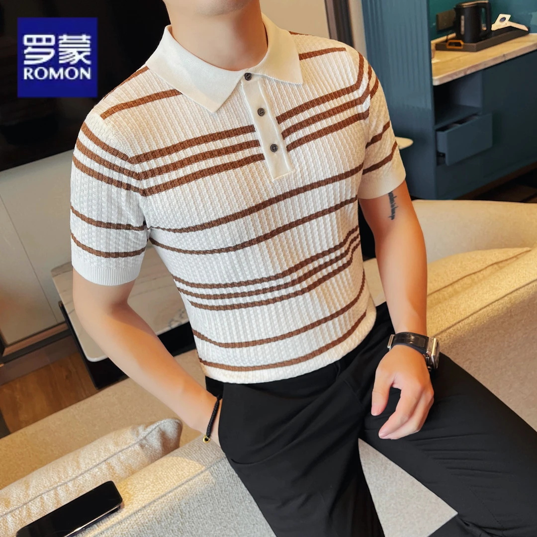 罗蒙夏季POLO衫新款修身短袖时尚百搭休闲翻领潮流条纹款T恤男款