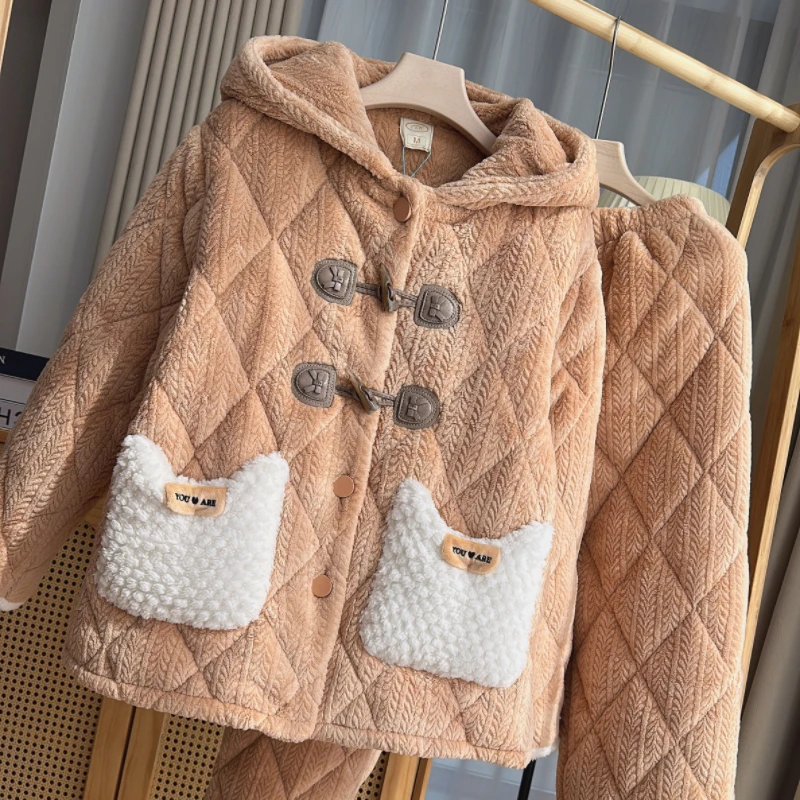 女士冬季三层夹棉加厚加绒睡衣休闲连帽家居服法兰绒可外穿套装