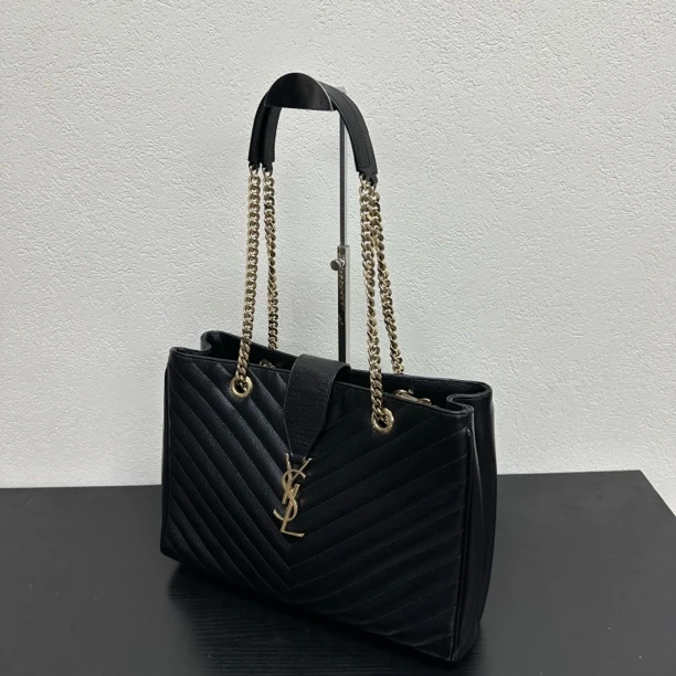 95新 YSL/圣罗兰 黑金v纹公文单肩包 底长35 123297