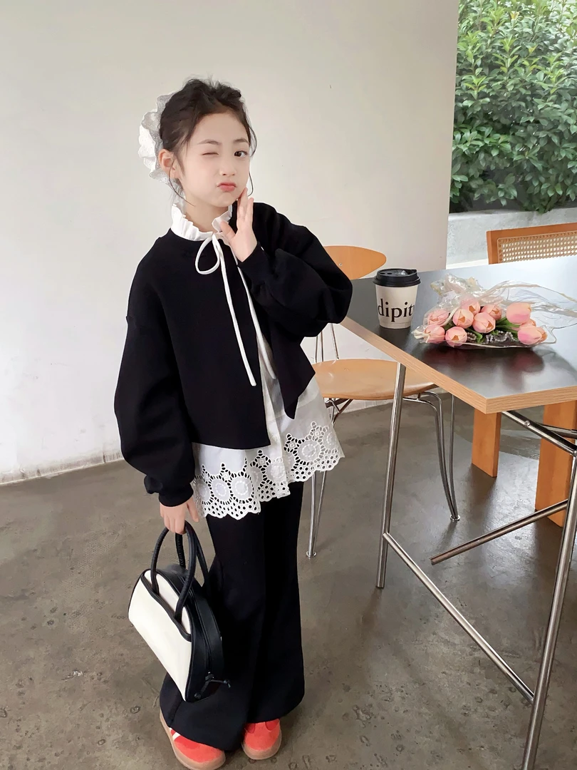 女童衬衫卫衣套装秋季2025新款儿童装洋气甜美花边衬衣外套两件套