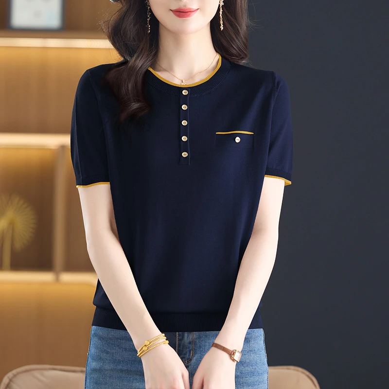 天丝短袖t恤女2025新款中年妈妈洋气夏装宽松上衣薄款气质针织衫