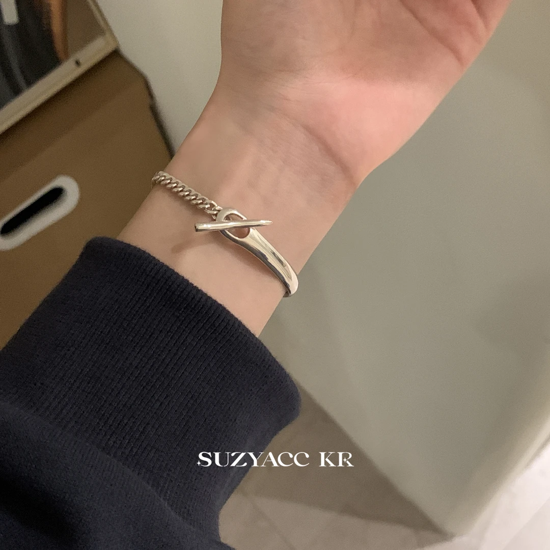 Suzyacc Kr 925银手链 纯银ot扣半镯链条手链重工高级感手饰C2184