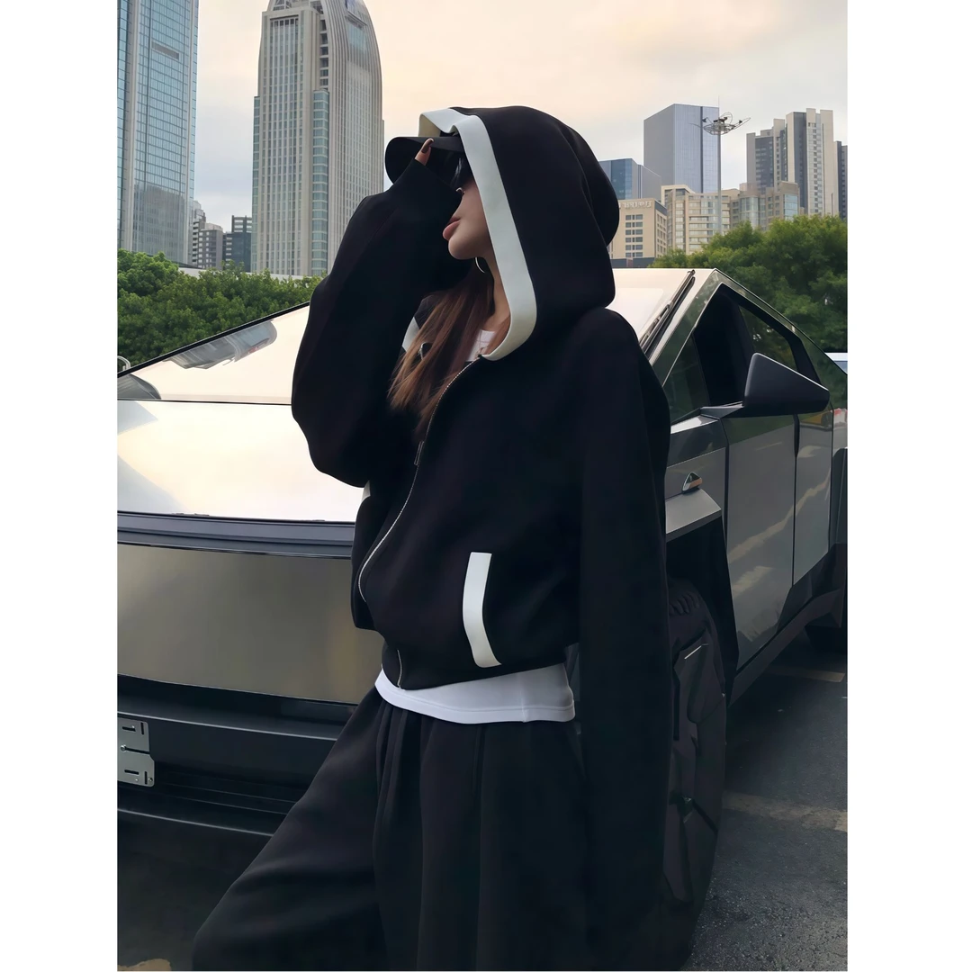 韩系慵懒风拼接外套宽松连帽卫衣/弯刀运动阔腿高级感休闲裤82023