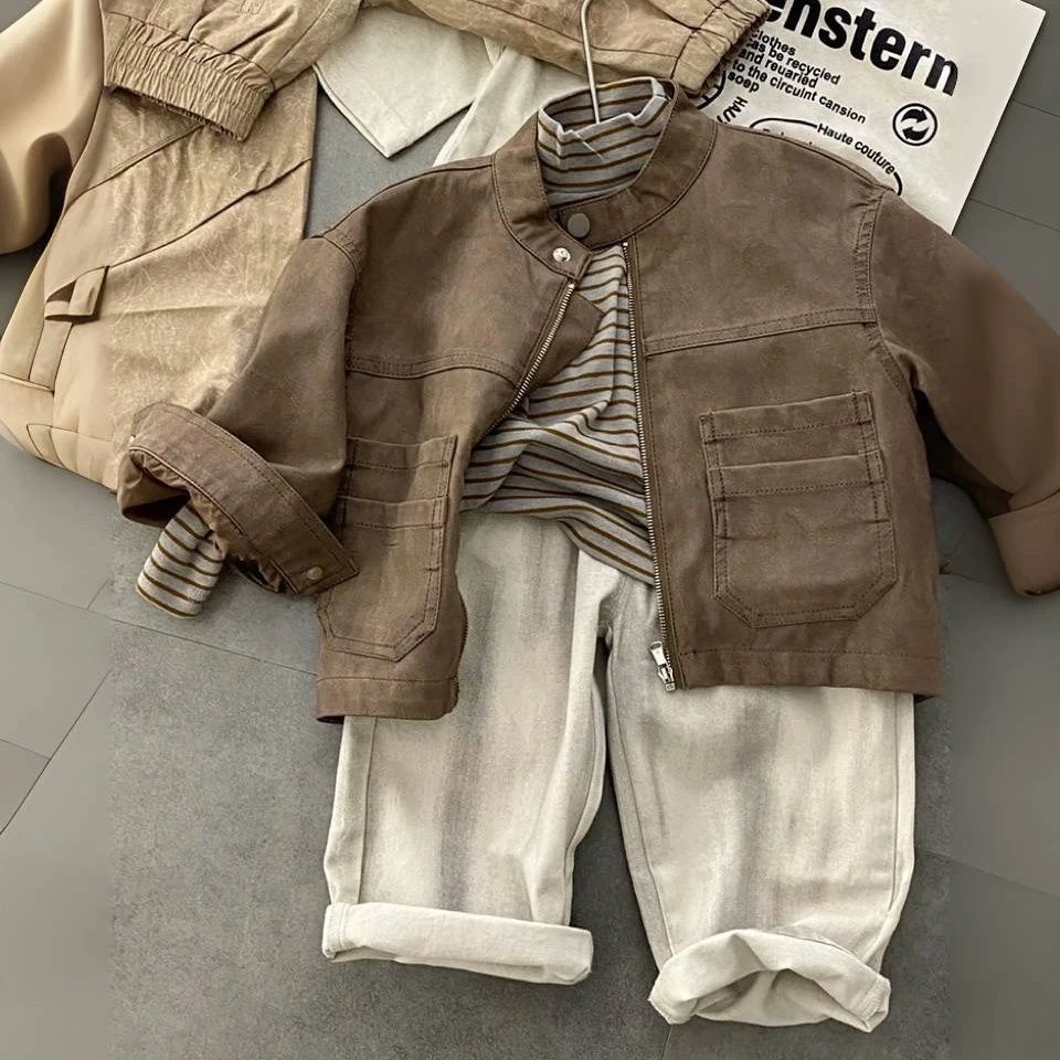 男童套装2025秋装新款机车外套儿童宝宝时髦洋气春秋三件套