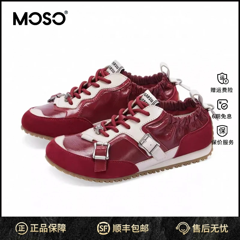 MOSO休闲鞋新款烈焰红系带鞋子百搭低帮红色板鞋增高阔腿裤必备鞋