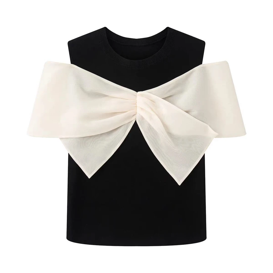 艾家商场同款2025新款短袖T恤女背心无袖坎肩蝴蝶剑针织衫Y563931