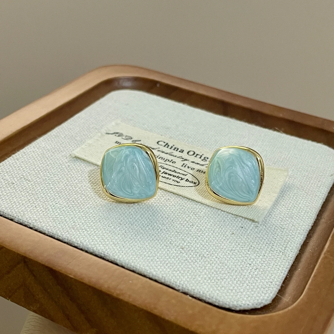 铜合金耳饰 真金电镀珐琅滴釉高级感菱形耳钉小众法式蓝色复古