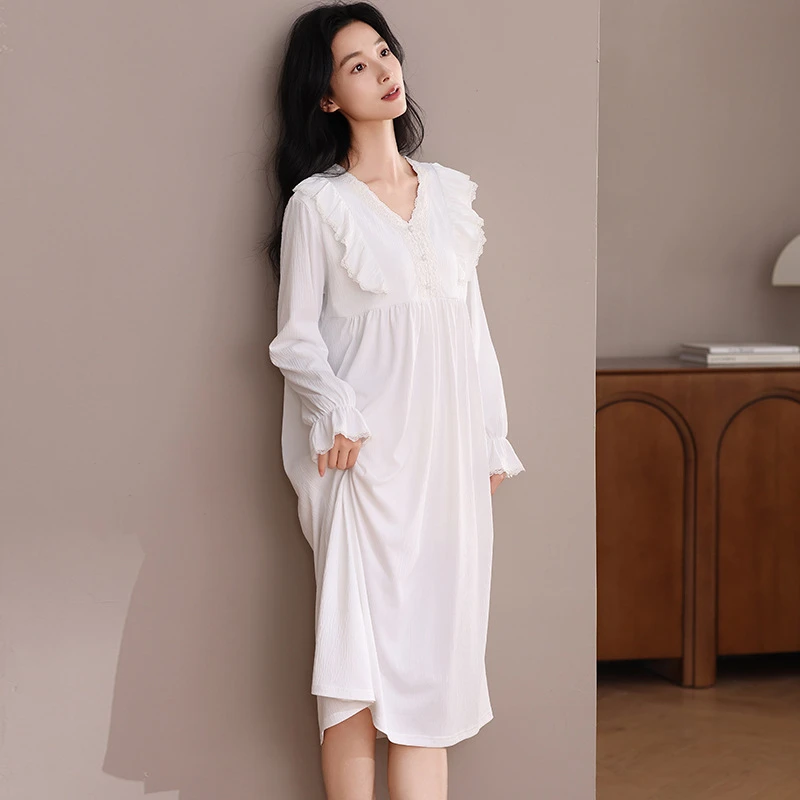 净版甜美公主风白色长袖睡裙女性感夏季黑色长款