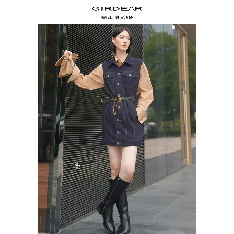 GIRDEAR/哥弟真的好简约百搭时尚宽松Polo领牛仔无袖马夹840002
