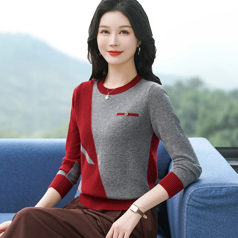 上海品牌薄款羊毛衫女圆领针织打底小衫洋气内搭拼色毛衣宽松上衣