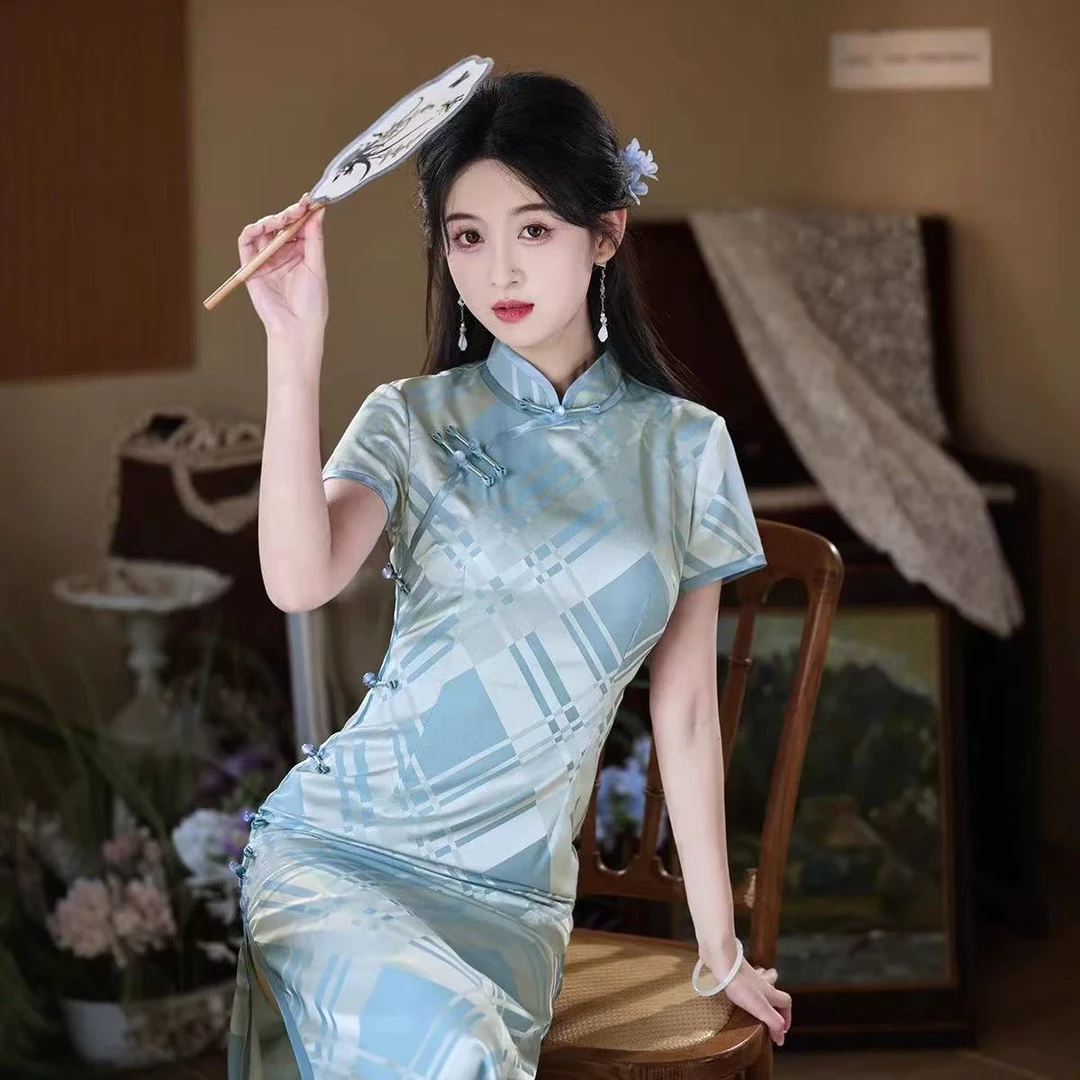 0737 蓝色 缠结扣【灿星格】旗袍