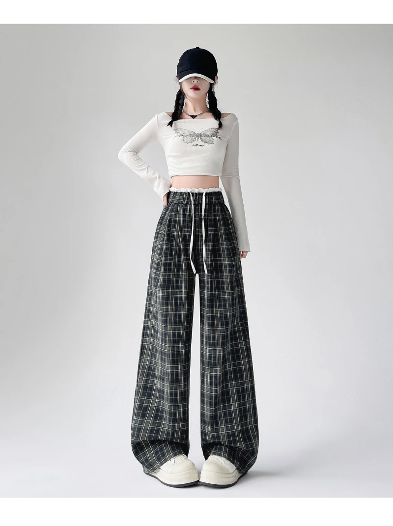 白腰撞色格子复合显瘦山本裤格子裤1682阔腿裤宽松长裤高腰外穿