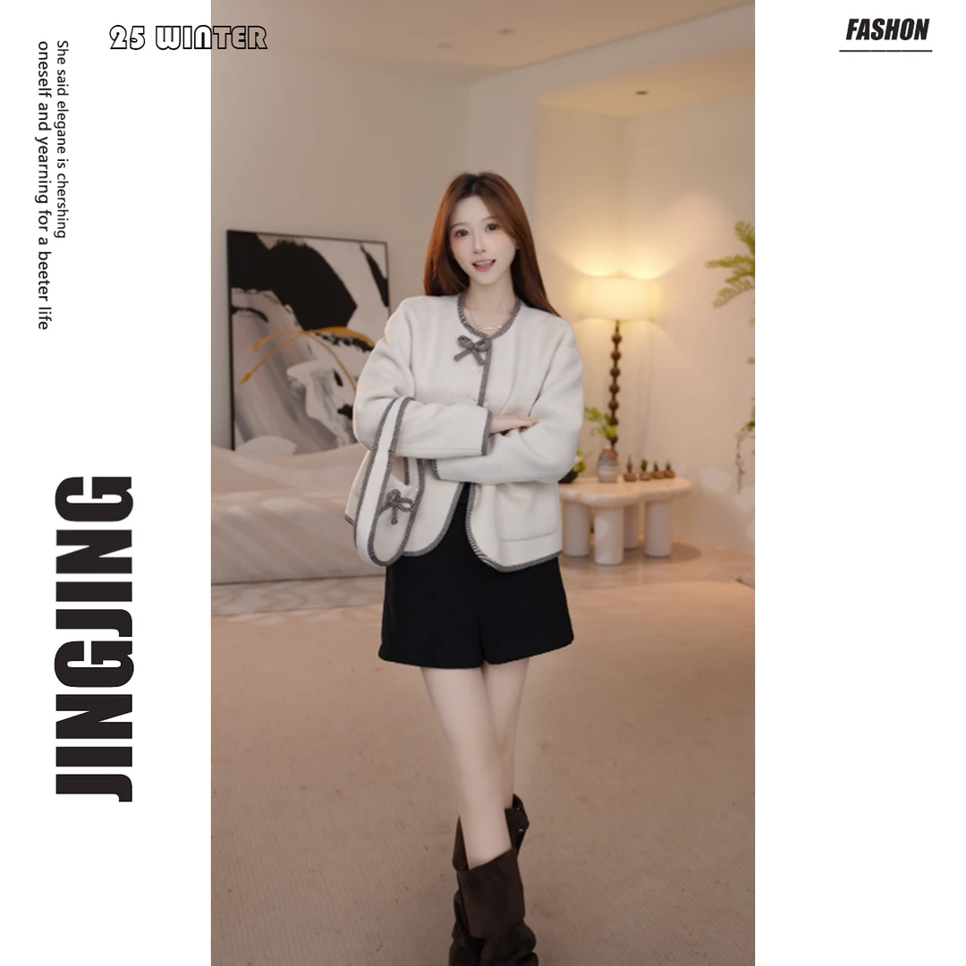 【婧婧】双面羊毛大衣秋冬新款小个子短款宽松时尚毛呢外套25D180