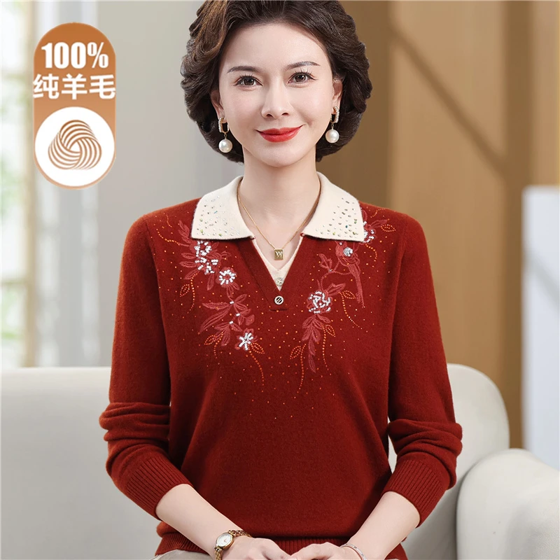 洋气中老年人女100%纯羊毛打底衫妈妈秋冬毛衣保暖翻领绣花针织衫