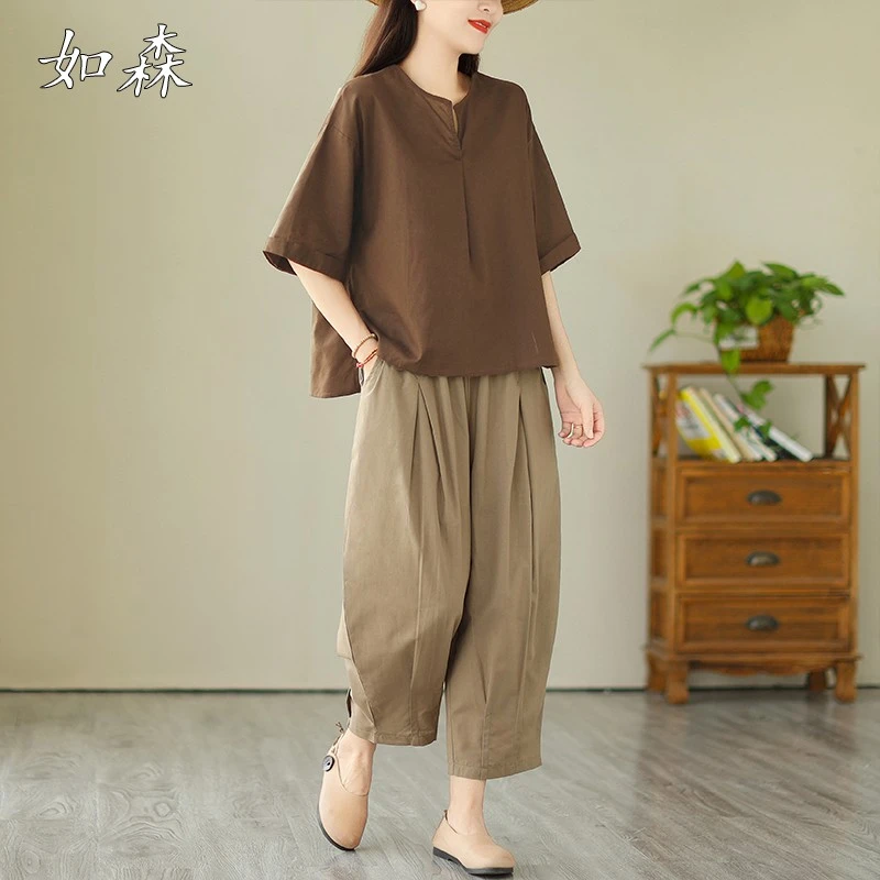 夏季2025新款休闲棉麻套装女士大码宽松洋气妈妈复古灯笼裤两件套