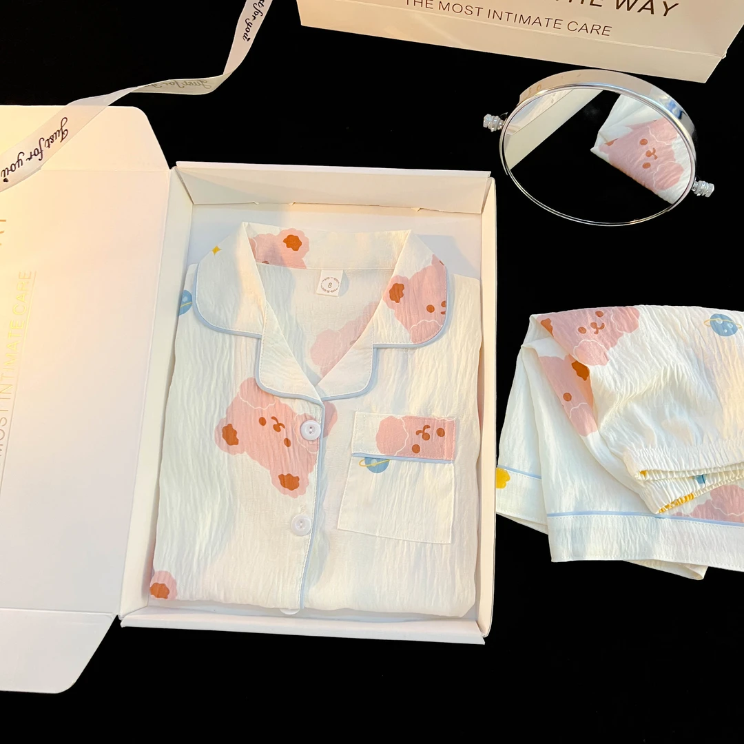 【媛妈专属】儿童睡衣女夏季云朵棉薄款短袖短裤小女孩初中生家居服