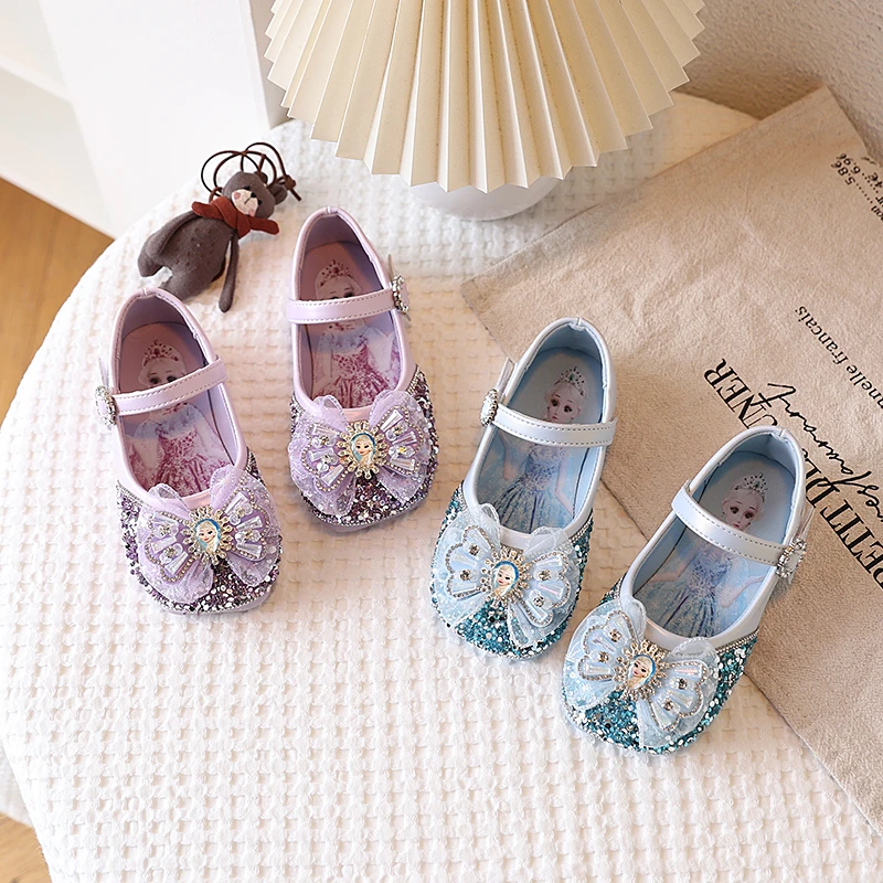 爱莎公主女童小皮鞋2025春季新款儿童时尚水晶鞋女孩软底演出单鞋