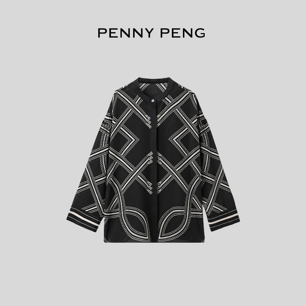 PENNYPENG几何美学100桑蚕丝显瘦宽松百搭黑色圆领桑蚕丝印花衬衫