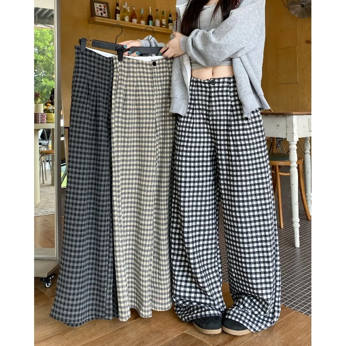 慵懒风格子毛呢休闲裤女秋季垂感显瘦直筒裤子宽松阔腿裤拖地长裤