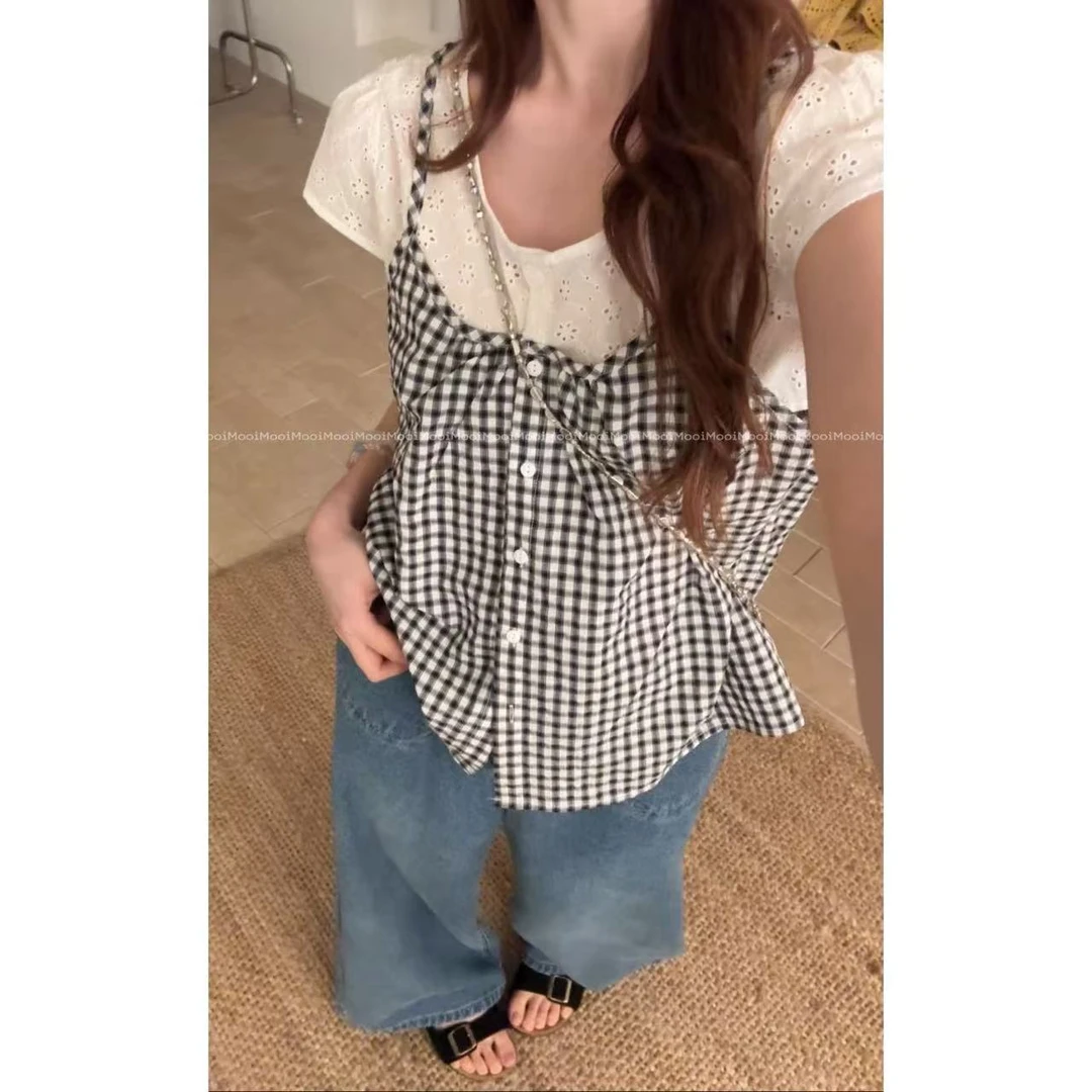 【mooi】'棋格之语'夏季新款韩版ins风小众设计感假两件衬衫