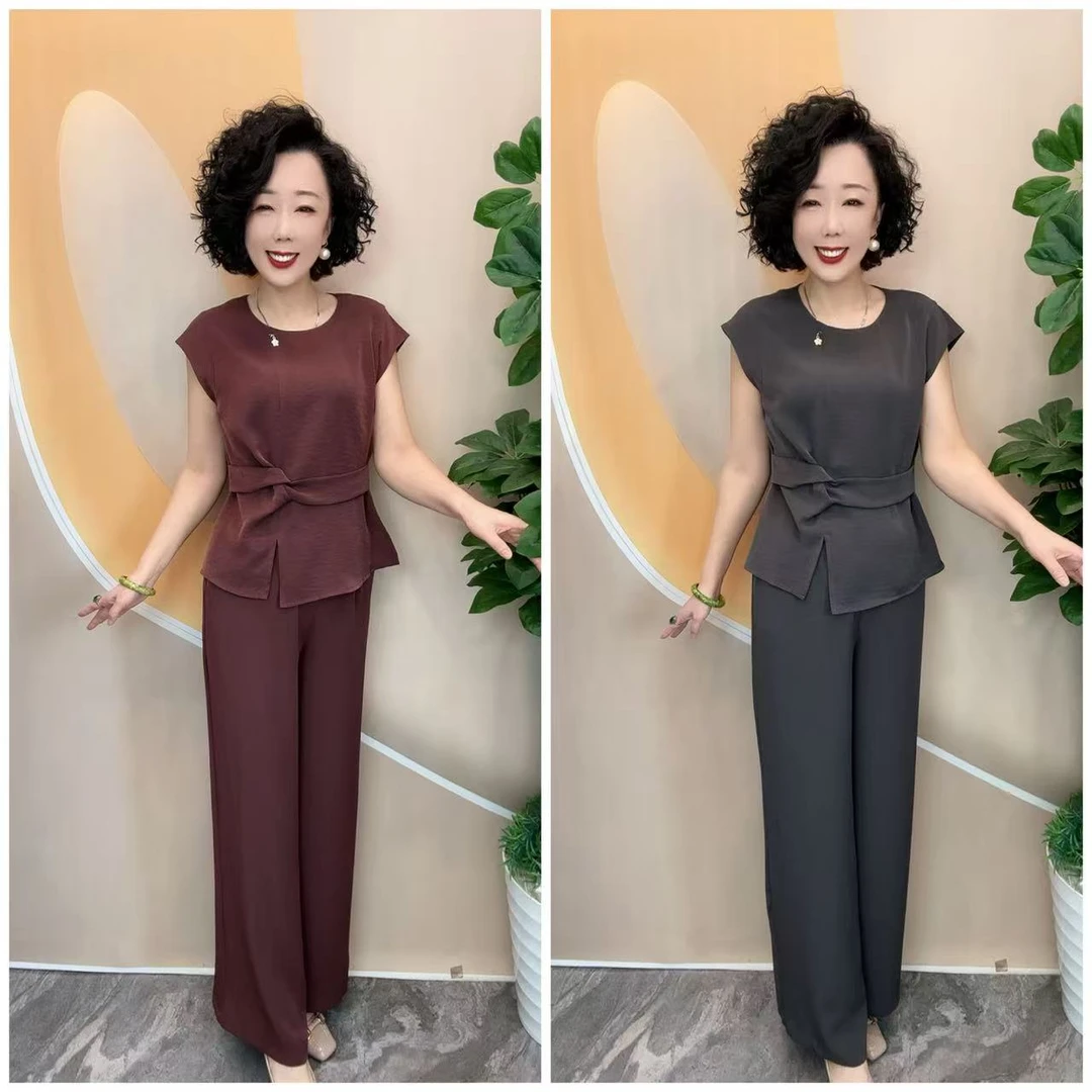 A77夏新品纯色时尚洋气宽松大码遮肚套装（上衣➕长裤）