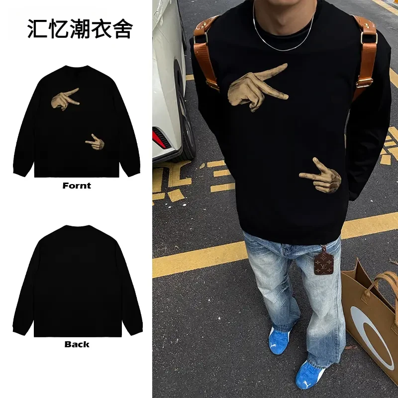 美式高街宽松圆领比耶手势简约印花重磅落肩校园情侣纯棉长袖T恤