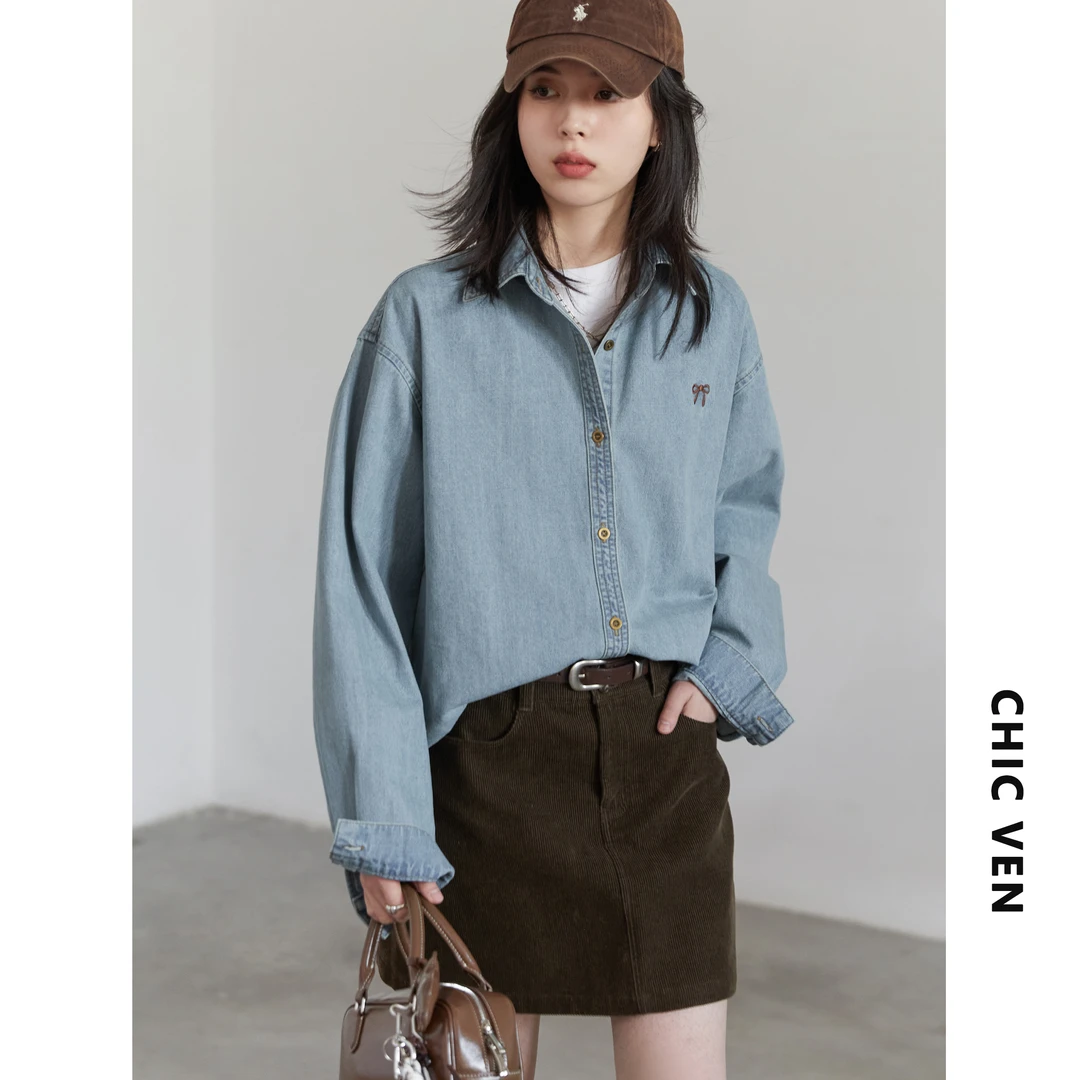 春季新款韩系蝴蝶结刺绣牛仔衬衫叠穿蓝色衬衣女125CS00202